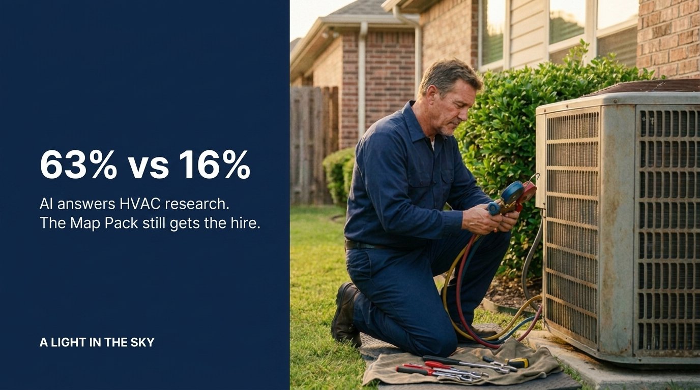 63% vs 16%: AI answers HVAC research, the Map Pack still gets the hire. Technician servicing an outdoor AC unit.
